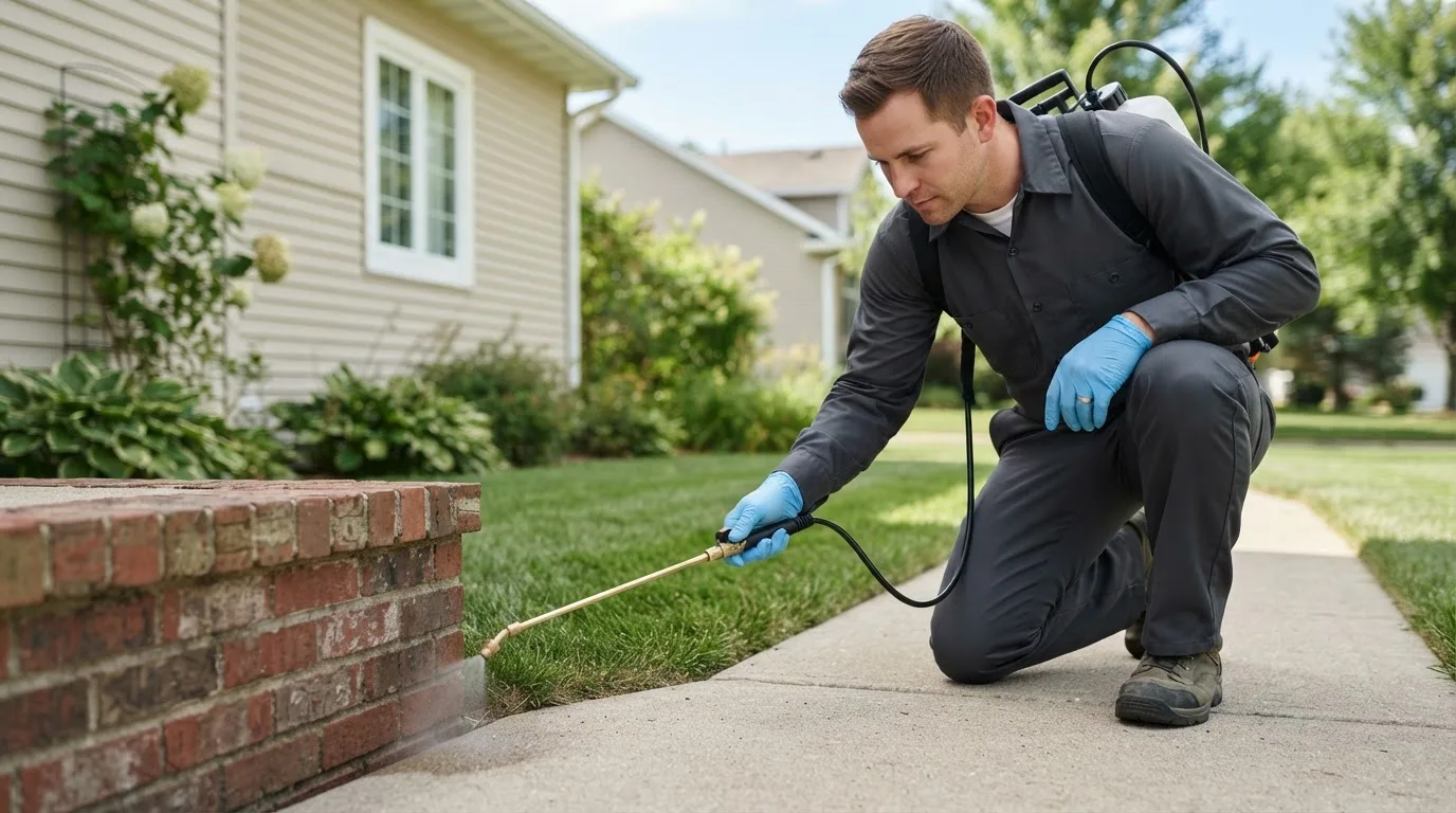 Pest control technician treating a home near South Kingstown, RI